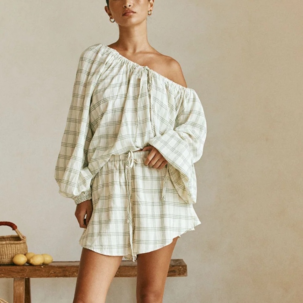 Sabo- Light Green Plaid Off-Shoulder Lounge Set